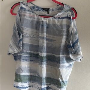NIC+ZOE Blue and Gray Boxy Short Sleeve Blouse